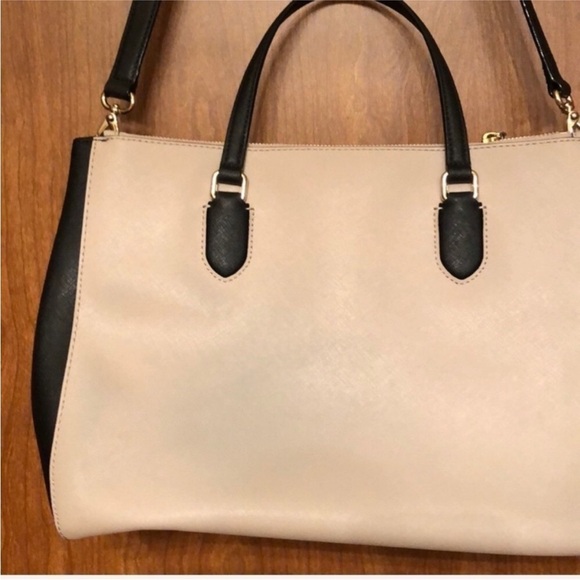 Kate Spade Cream and Black Large Leather Satchel Handbag with Crossbody Strap. - Picture 6 of 10